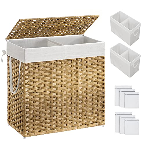 SONGMICS Laundry Hamper with Lid and 2 Sections - Natural 130L Wicker Basket with 6 Mesh Bags