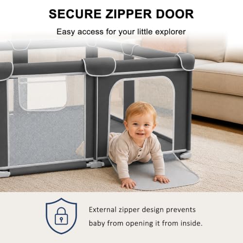 Grey 50x50 Inch Foldable Baby Playpen with Mesh Walls & Mat - Portable Indoor & Outdoor Safety Fence