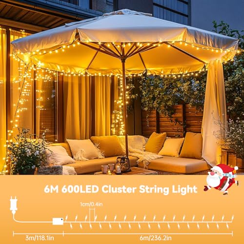 Marchpower Christmas Cluster Lights 600LED 20FT Warm White, 9.8ft Lead, Auto Timer