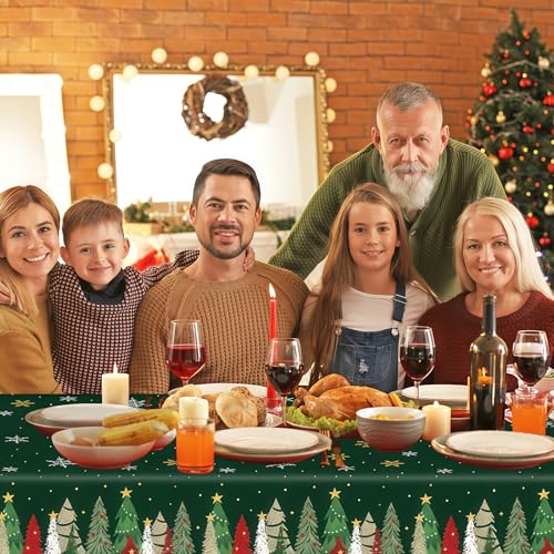 Green 3-Pack 54x108 Inch Christmas Table Covers - Snowflake Tree Trim, Waterproof Plastic Gift Display