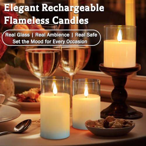 White Glass-Droplet Rechargeable Flickering Flameless Candles with Remote & Timer - Set of 3