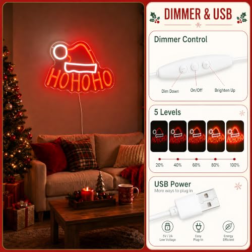 HOHOHO Christmas Neon Sign with Santa Hat - USB Powered LED Wall Decor