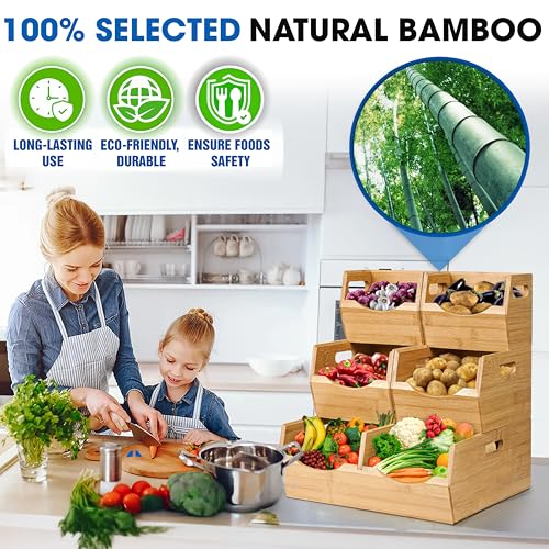 3-Tier Stackable Bamboo Pantry Storage Bins for Fruits Vegetables & More