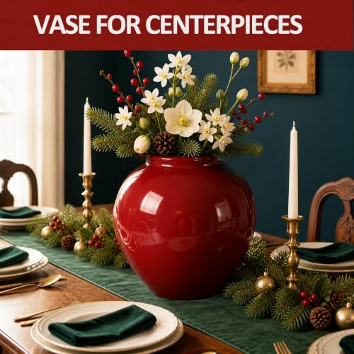 FZBCTLDZ Christmas Red 11-Inch Ceramic Look Iron Vase with Glossy Finish