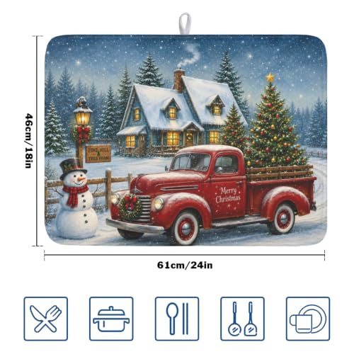 ABSOP Xmas Truck Snowman Dish Drying Mat 18x24 Inch - Microfiber Kitchen Counter Protector