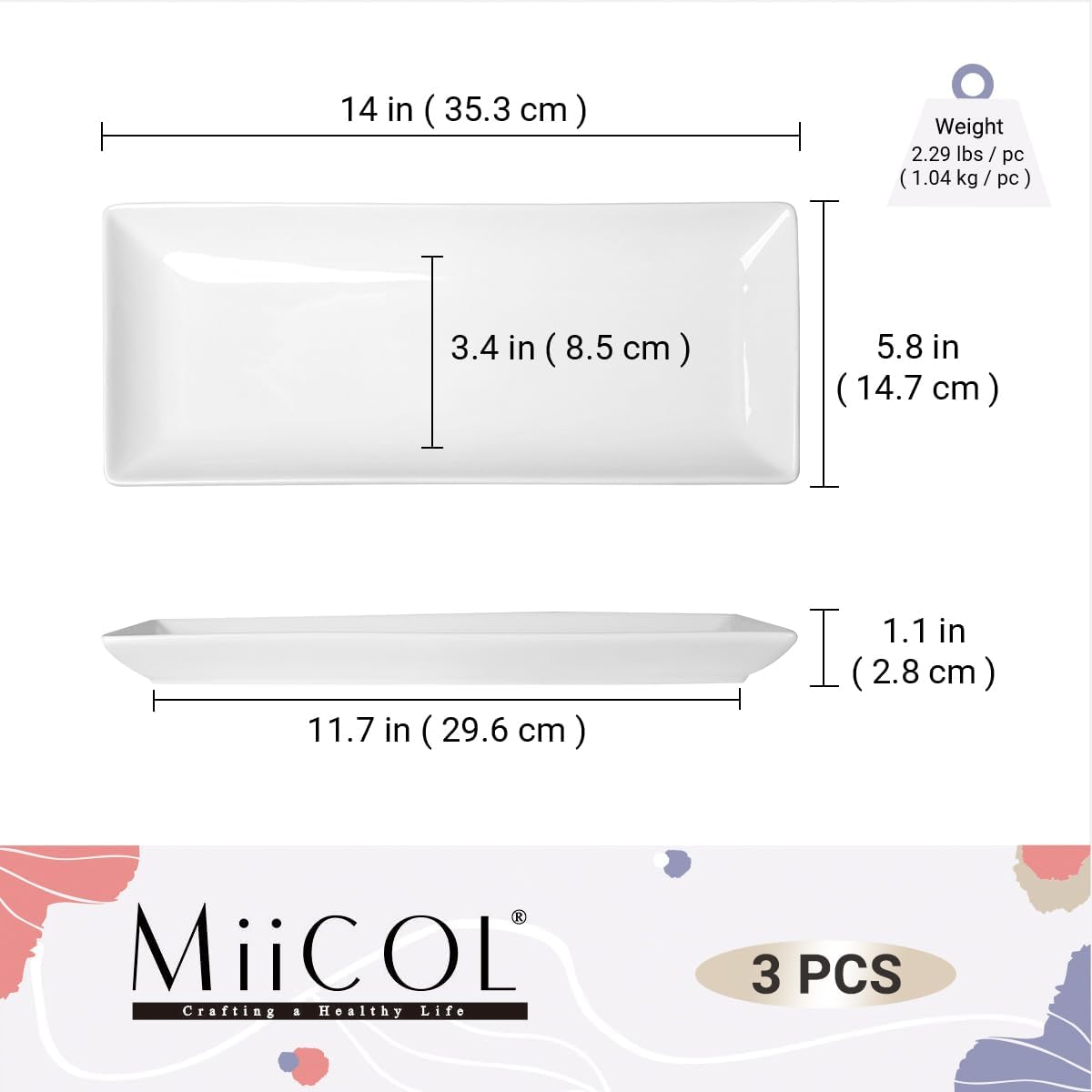 Miicol Porcelain Serving Platters - Set of 3 Large 14-Inch White Ceramic Trays for Parties & Buffets