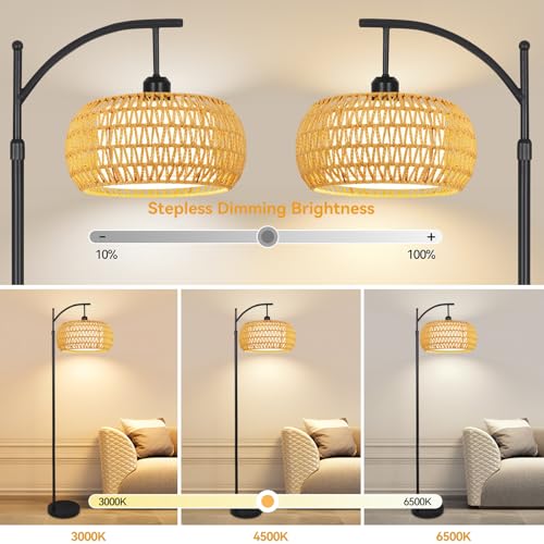Yellow Rattan Boho Floor Lamp with Remote Control Dimmable LED Tall Lamp for Living Room