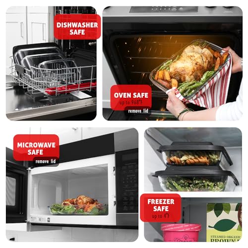 EATEX 8-Piece Black Glass Casserole Bakeware Set with Lids - Oven & Freezer Safe, 4 Pack