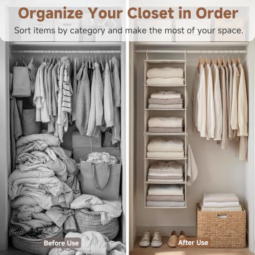 Hanging Closet Organizer with 6 Shelves - 2-in-1 Ivory & White, 12.5"D x 12.5"W x 47.25"H