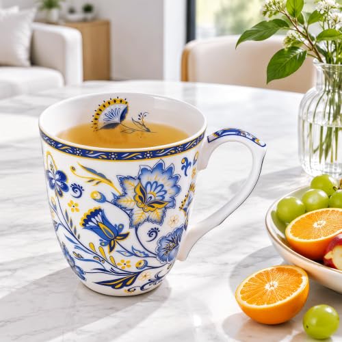 LanHong Blue Floral 14oz Bone China Coffee Mug with Handle - Daily Tea & Coffee Cup