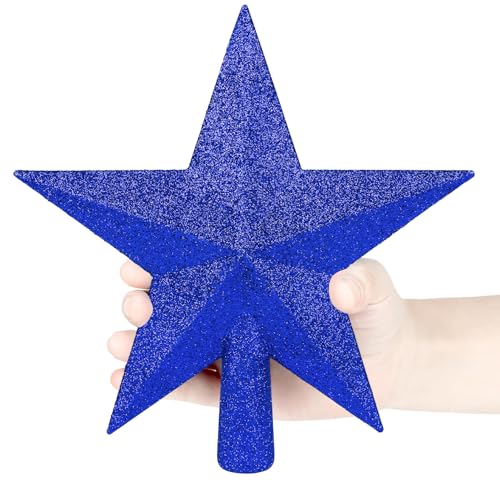 DERAYEE Blue Christmas Tree Topper, 7.9 Inch Glitter Star for Holiday Decor