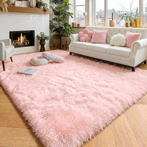 Pink Shag Plush Area Rug 6x9 for Kids Bedroom Nursery Classroom - Non-Slip