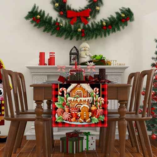 Merry Christmas Table Runner Christmas Gingerbread Tablecloth Christmas Xmas Winter Holiday Decorations and Supplies for Home Kitchen Table-13¡¿72''