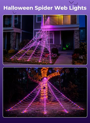 Brightown Halloween Outdoor Decorations - Orange & Purple 255-LED Giant Spider Web Lights Set