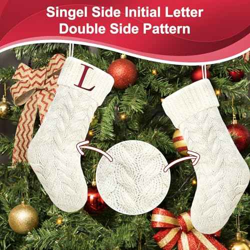 18 Inches Personalized Initial Monogram Christmas Stockings Ivory Family Xmas Stockings for Fireplace and Home Decor,Embroidered Letter L