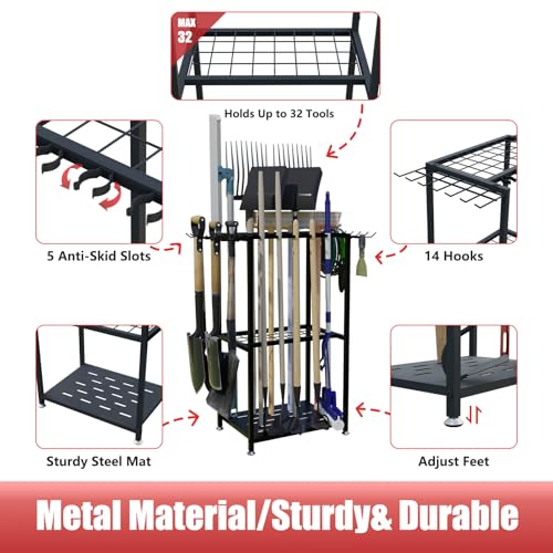 Garden Tool Organizer Stand Black, 3-Tier Metal Yard Rack with 14 Hooks & 50+ Tool Capacity