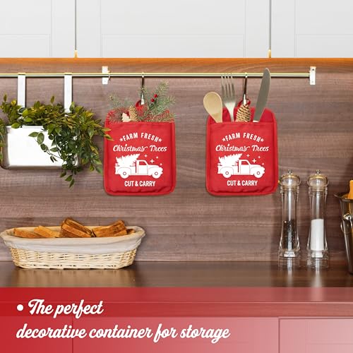 YeiHe Farm Fresh Christmas Trees Red Pot Holders with Pockets, Sdanjxl-15, Heat-Resistant Oven Mitts & Hot Pads for Kitchen Baking & Cooking