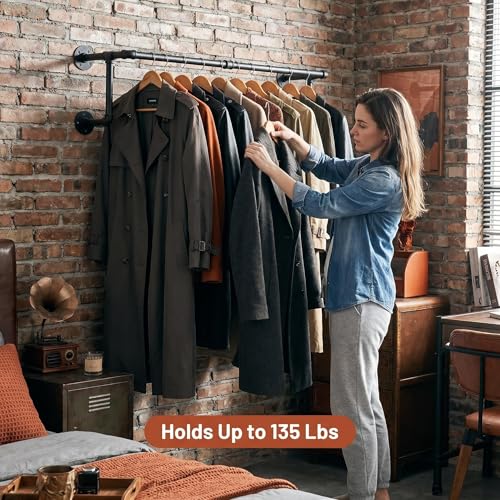 2-Pack Wall Mounted Industrial Pipe Clothing Racks with Flanges – Rustic Metal Garment Organizer