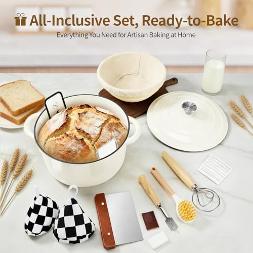 Enameled Cast Iron Dutch Oven Pot 6.5 QT with Lid - Cream White for Bread Baking