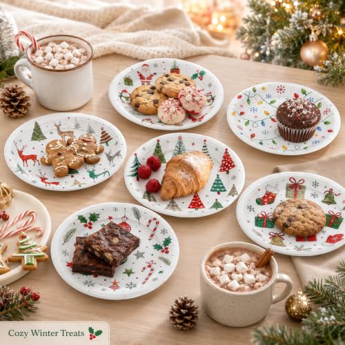 YIPTYBEU 48 Pack Christmas Paper Plates 7 Inch Assorted Holiday Designs - Christmas