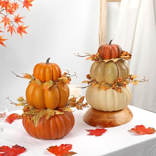 Artificial Pumpkin Fall Décor - Autumn Table Centerpiece with Faux Berries & Maple Leaves - Color #4