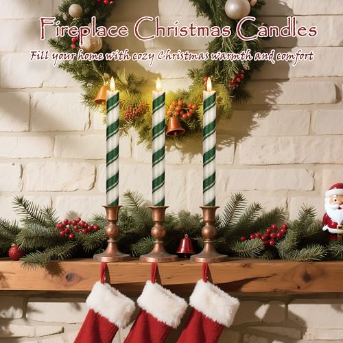 JOIONE Flameless Candles with Remote - 3 Pack Christmas Green Stripe Taper Candles