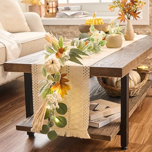 Valery Madelyn 6ft Fall Garland with Pumpkins & LED Lights, White/Green