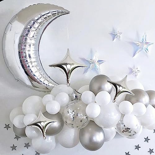 50Pcs 10 Inch Silver Star Foil Balloons Silver Star Mylar Balloon Kit with 60Pcs Balloon Glue Point and 5Pcs Straws for Birthday Baby Shower Engagement Anniversary Wedding Party Decoration