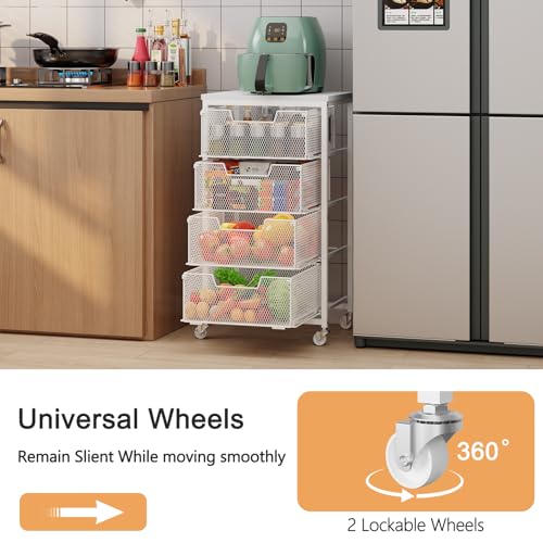 White 4-Tier Kitchen Storage Cart with Drawers and Wooden Top - Fruit and Vegetable Organizer with Wheels