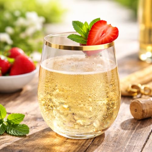 Oojami 48 Pack Disposable Plastic Stemless Wine Glasses 10 oz Gold Rim