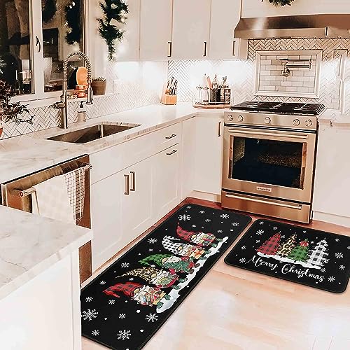 Noulmea Christmas Gnomes Kitchen Rugs Set of 2 - Black, 17x47 & 17x30 Winter Holiday Decor