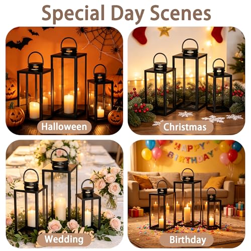 Square Black Decorative Metal Candle Lanterns Set Hanging & Tabletop for Indoor Outdoor