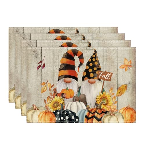 Artoid Mode Wood Gnomes Pumpkins Fall Placemats Set of 4, 12x18 Inch Seasonal Thanksgiving Table Mats for Party Kitchen Dining Decoration