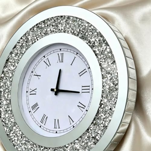 Silver Mirror Wall Clock 20x20in with Sparkle Crushed Diamond Design – Modern Home Decor