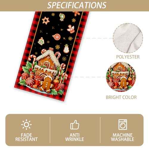 Merry Christmas Table Runner Christmas Gingerbread Tablecloth Christmas Xmas Winter Holiday Decorations and Supplies for Home Kitchen Table-13¡¿72''