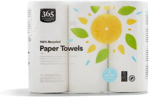 365 by Whole Foods Market Jumbo Paper Towels - 100% Recycled, Ultra-Strong, 135 Sheets per Roll (3 Count)