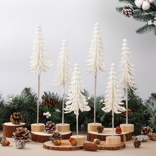 Jetec 6Pcs Mini Christmas Tree Set White with Wood Base Snowy Alpine Tabletop
