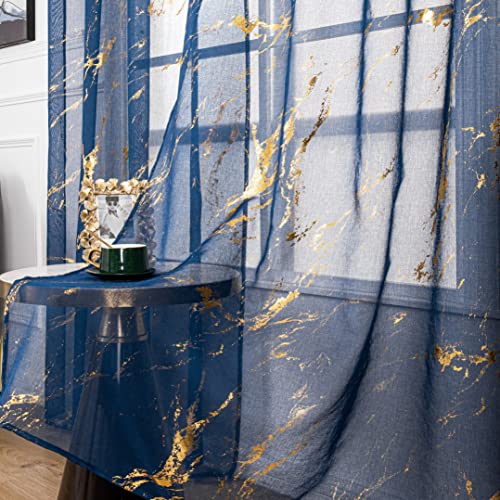 Sutuo Home Marble Sheer Curtains 108 Inch Long 2 Panels Set, Gold