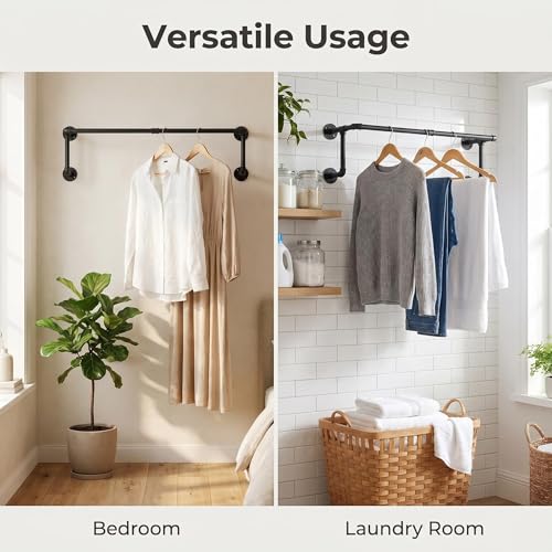 2-Pack Wall Mounted Industrial Pipe Clothing Racks with Flanges – Rustic Metal Garment Organizer