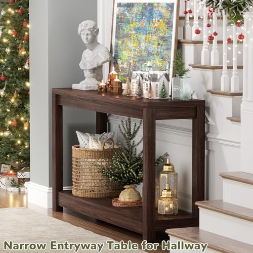 Small Farmhouse Entryway Table with Storage - Black Walnut, 32 Inch Narrow Console