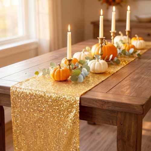 ShinyBeauty Gold Sequin Table Runner 12x108 Inch 20 Packs for Party