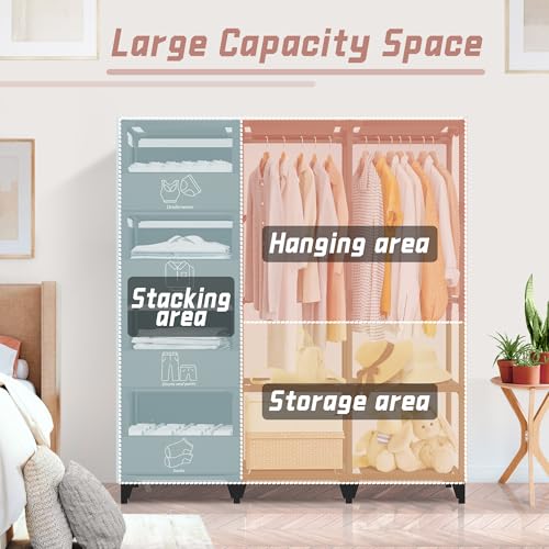 Jofuler Black 50 Inch Portable Closet Wardrobe with 4 Baskets & 2 Hanging Rods