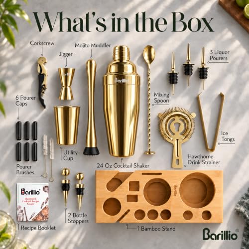 Barillio Gold Bartender Kit with Bamboo Stand - 23-Pc Cocktail Set