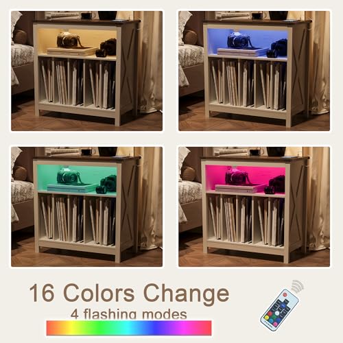 ChooChoo Antique White Large Record Player Stand with Charging Station & LED Light