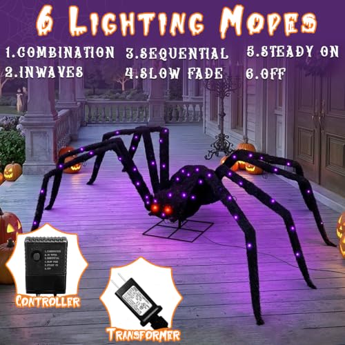 Giant Halloween Spider Decor 4.3Ft Lighted Black Metal with 6 Lighting Modes & 100 LED Purple Lights