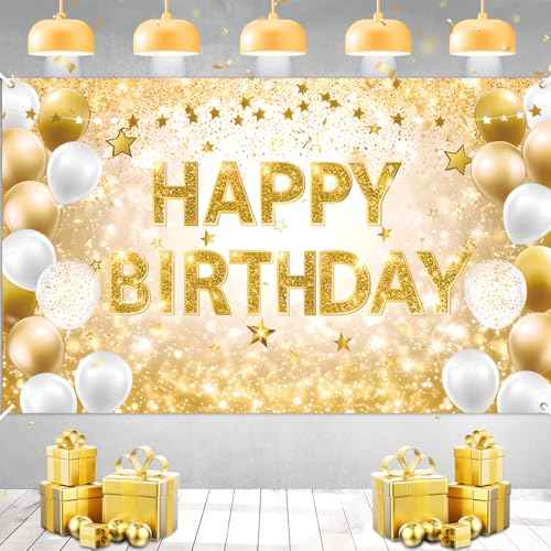 Gold Happy Birthday Decorations Large White Gold Birthday Banner for Women Men Backdrop Banner Poster for Girls Boys Christmas Bday Baby Shower Anniversary Party Supplies