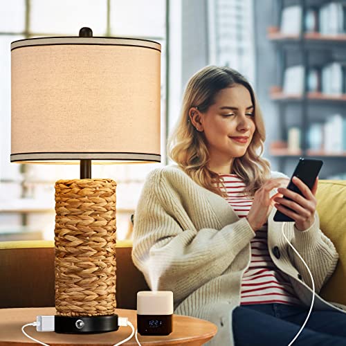 GyroVu Rattan Bedside Table Lamps Set of 2 - Black, Dimmable with USB Ports