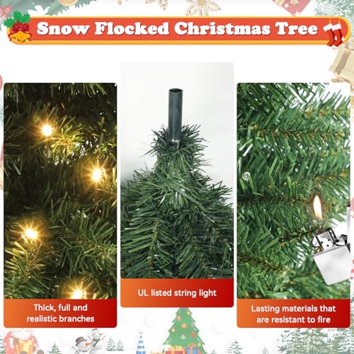 Kungfuking 7ft Green Artificial Christmas Tree Pre-Lit with Warm Lights - Slim Xmas Tree