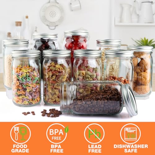 HWASHIN 32oz Wide Mouth Mason Jars with Lids - 12 Pack Quart Canning Jars