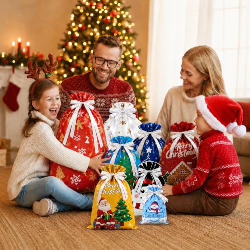 Qrain 32Pcs Christmas Gift Bags Set with Drawstring, Reusable Holiday Wrapping